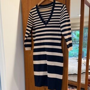 Navy and Cream Striped V-Neck Dress